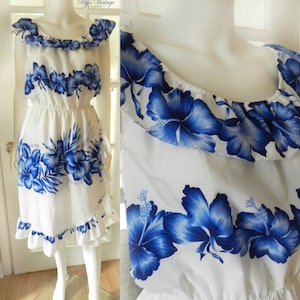 Vintage 60s Royal Hawaiian Floral Dress, Blue & White Floral Print Hibiscus Dress S