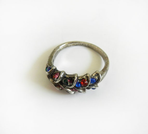 Vintage Multi Colored Rhinestone Leaf Ring / Silv… - image 5