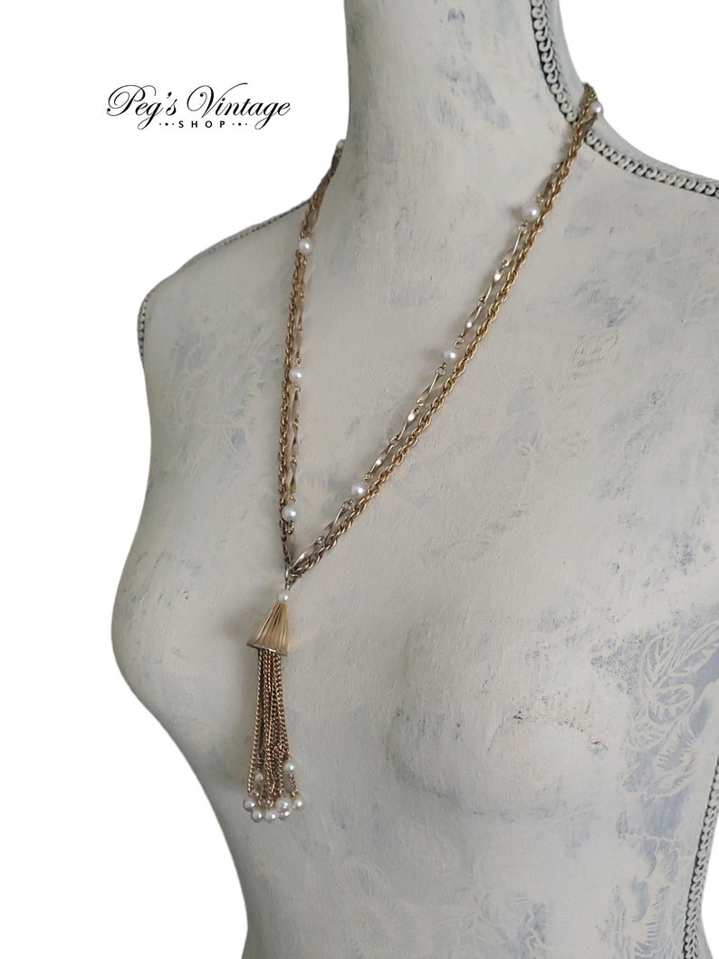 Vintage Multi Gold Chain Tassel Necklace, Gold Filigree & Pearl Chain Dangle Necklace image 4