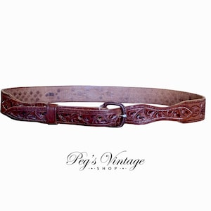 Vintage Genuine Brown Leather Tooled Belt, Belt Size 36&quot; - 38&quot; Waist