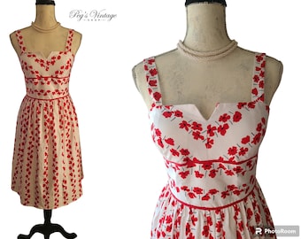 Vintage R & K Original Woman Dress, White Red Poppies Sundress Size 8