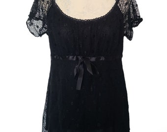 Vintage Black Lace Short Sleeve Top, Size L/XL