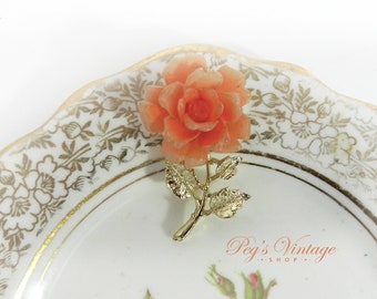 Vintage 60's Faux Coral Rose Brooch Pin, Carved Lucite Pink Rose Pin