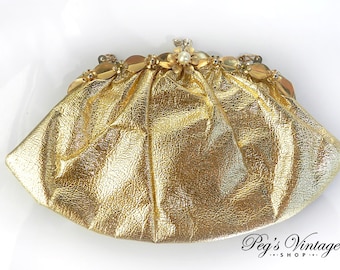 Vintage Shiny Gold Metallic Clutch / Purse Handbag/Flower Pearl Metal Frame Bag, Made In USA