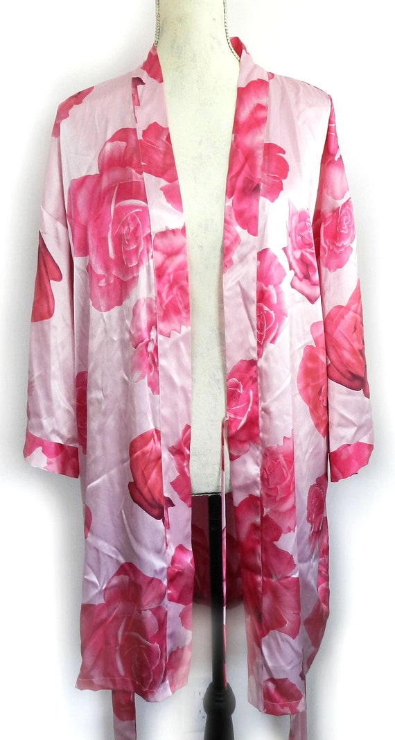 Pink Floral Satin Silk Robe Kimono / Pink Vintage… - image 6