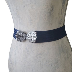 Vintage Blue Stretch Belt, Silver Scroll Belt Buckle, Ladies Fashion Belt Size S image 2