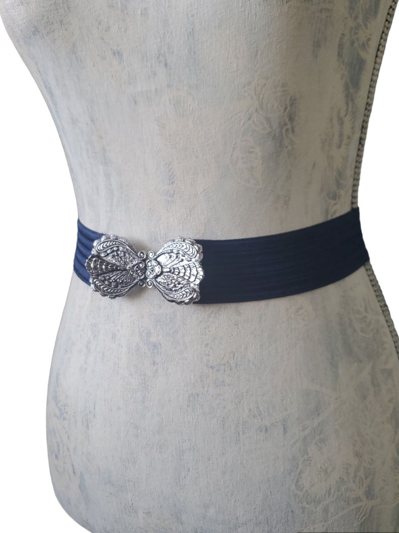 Vintage Blue Stretch Belt, Silver Scroll Belt Buckle, Ladies Fashion Belt Size S image 2