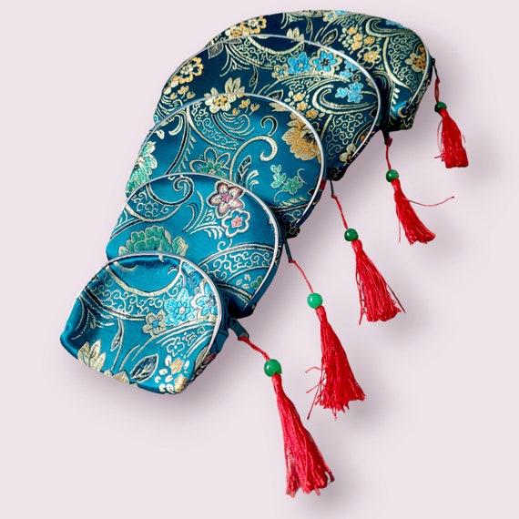 Vintage Blue Satin Asian Cosmetic Bag Purse Set O… - image 6