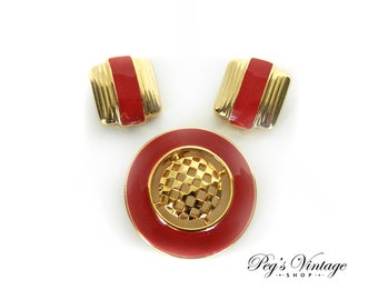 Ernst Bek Brooch/Pendant And Clip Earrings, "Rare" Stamped Butterfly Mark/Gold Plated & Red Enamel - Demi Parure - Set