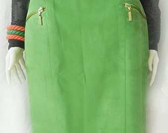 Dainer Green Suede Leather Skirt / Genuine Suede Size 12 Skirt / Leather Skirt, Vintage Green Pencil Skirt / Grunge Clothing