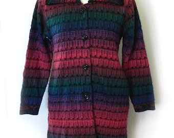 Womens Knit Coatigan Sweater, Multicolored Long Cardigan Jacket Size S