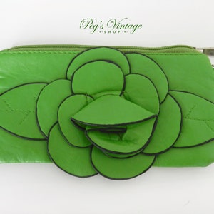 Cartera vintage de piel sintética verde/monedero de flores