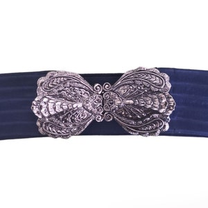 Vintage Blue Stretch Belt, Silver Scroll Belt Buckle, Ladies Fashion Belt Size S image 3