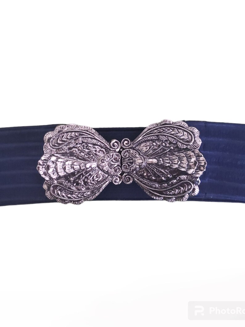 Vintage Blue Stretch Belt, Silver Scroll Belt Buckle, Ladies Fashion Belt Size S image 3