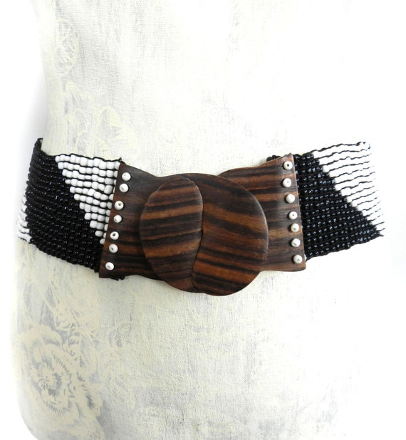Vintage Hand-crafted Elasticated Beaded Belt. Bla… - image 4