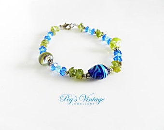 Gorgeous Lampwork Glass Bead Bracelet, Crystal Bead Bracelet, Blue And Green Bead Vintage Bracelet