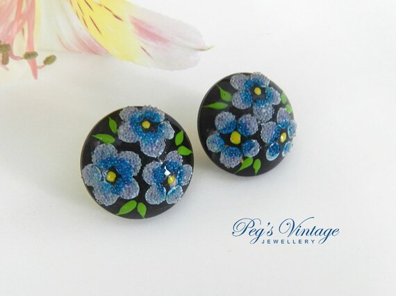 Vintage Black And Blue Floral Earrings, Sugar Luc… - image 4