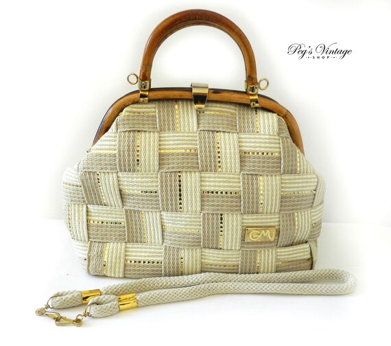 Vintage Italian GM Rande Oda Woven Handbag, Wooden Handles Beige Purse, Made in Italy Shoulder Bag