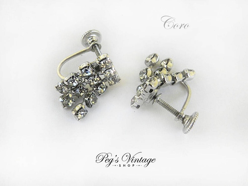 Rhinestone Dangles Silver Tone Signed Jewelry Screw Backs Vintage Coro Earrings