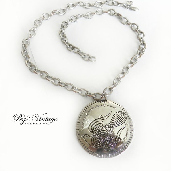 Vintage Silver Tone Guess Necklace, Silver Bird Medallion Chain Necklace