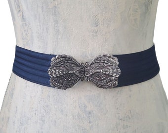 Vintage Blue Stretch Belt, Silver Scroll Belt Buckle, Ladies Fashion Belt Size S