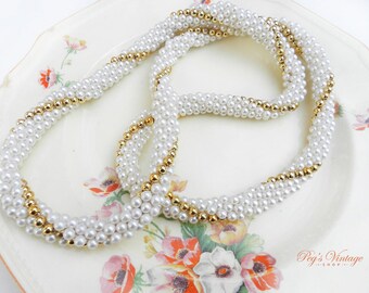 Vintage White Pearl & Gold Bead Crocheted Necklace, Braided Rope Style Faux Pearl Necklace