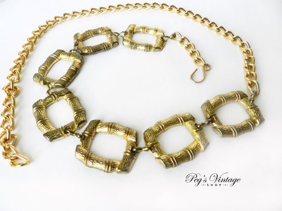 Vintage Belt 60s Gold Link Chain Belt with White Jewels Beads Medium