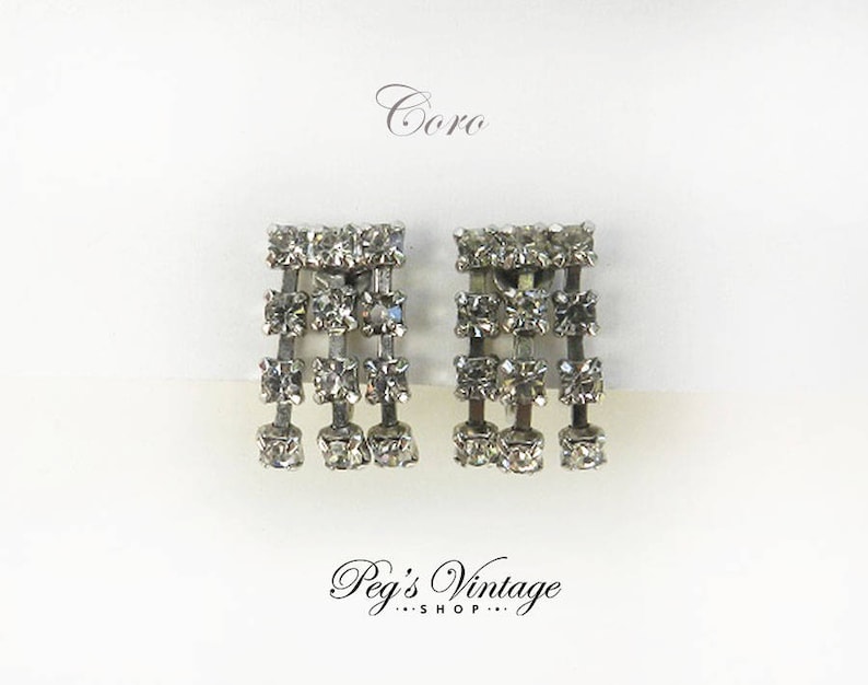 Rhinestone Dangles Silver Tone Signed Jewelry Screw Backs Vintage Coro Earrings