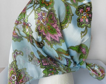 Vintage Floral Silk Scarf, Pastel Flower Scarf, Made In Korea Fashion Scarves