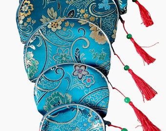 Vintage Blue Satin Asian Cosmetic Bag Purse Set Of Five