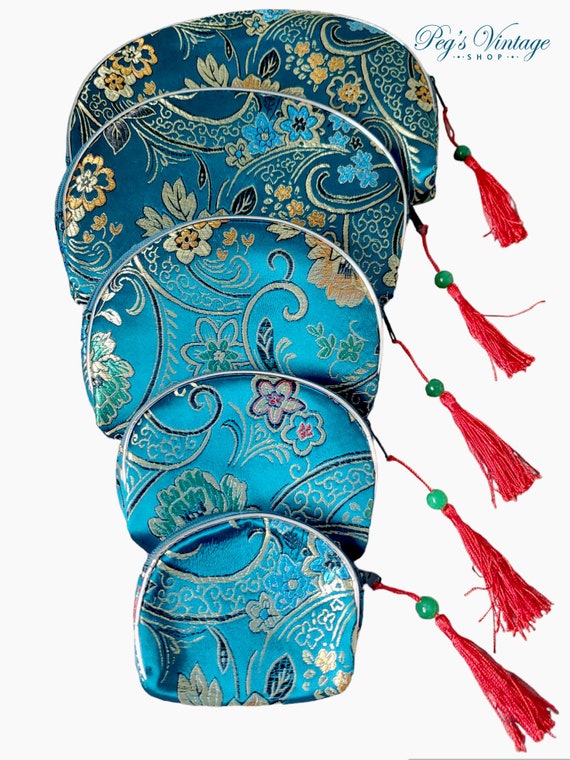 Vintage Blue Satin Asian Cosmetic Bag Purse Set O… - image 1