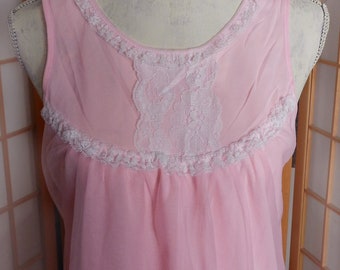 Vintage Pink Chiffon Satin Nightgown, Vintage Pink Lingerie Size S/M, 60's Romantic Lingerie