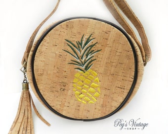 Natural Cork Round Handbag Purse, Embroidered Pineapple Cork Cross Body Bag