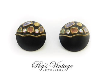 Unique Vintage Enamel Button Earrings, Black Enamel Painted Rhinestone Pierced Earrings