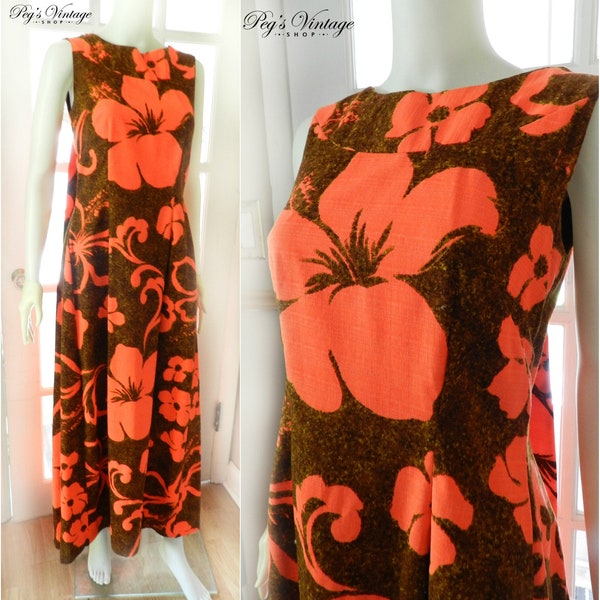 1960s Hawaiian Floral Dress, Bright Maxi Dress, Honolulu Hukilau Fashion Dress, Size S/M