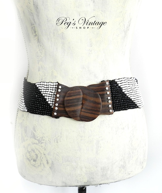 Vintage Hand-crafted Elasticated Beaded Belt. Bla… - image 1