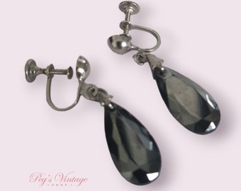 Vintage Hematite Silver Dangle Screw Back Earrings, Mid Century Jewelry Jewellery