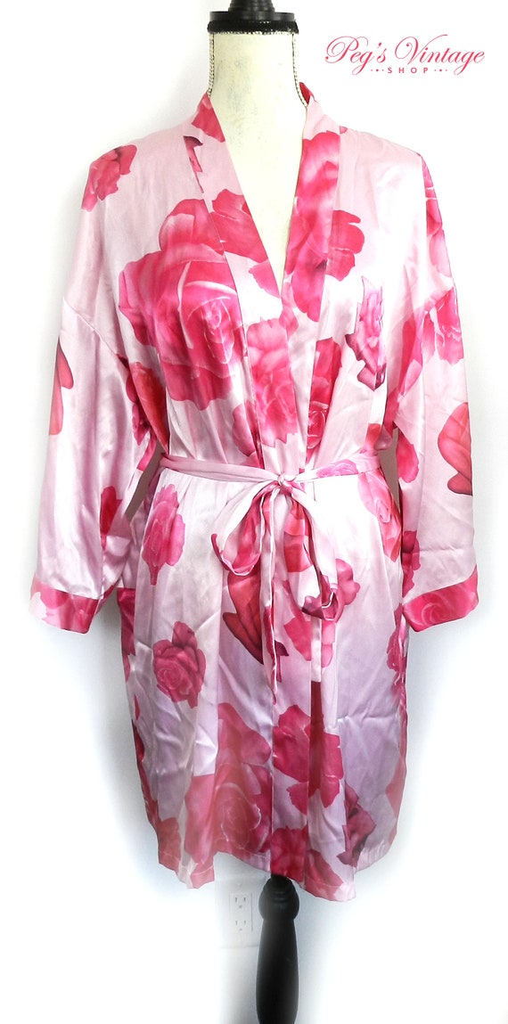 Pink Floral Satin Silk Robe Kimono / Pink Vintage 