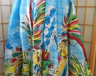 Vintage Mexican Skirt / 50s Circle Skirt / Hand Painted Novelty Mayan Skirt Size S