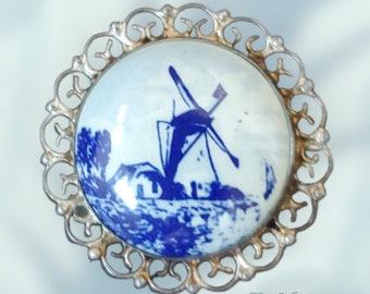 Vintage Delft Holland Windmill Brooch, Filigree Pin, Porcelain Brooch Pin Jewelry