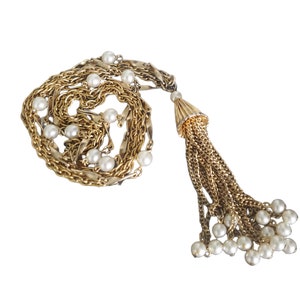 Vintage Multi Gold Chain Tassel Necklace, Gold Filigree & Pearl Chain Dangle Necklace image 3