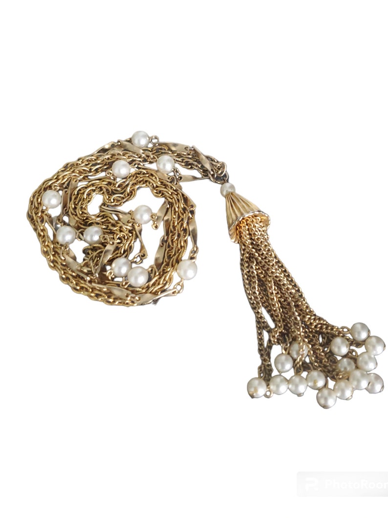 Vintage Multi Gold Chain Tassel Necklace, Gold Filigree & Pearl Chain Dangle Necklace image 3