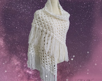 White Crochet Knit Shawl Wrap, Long Vintage Fringe Poncho Sweater, Women's Fashion Accessories One Size