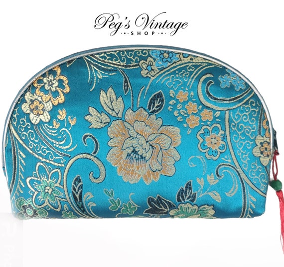Vintage Blue Satin Asian Cosmetic Bag Purse Set O… - image 2