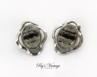 Vintage Silver Tone Glass Clip On Earrings