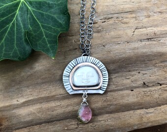 Mixed Metal Carved Bone Tourmaline Necklace, The Face of Sunrise