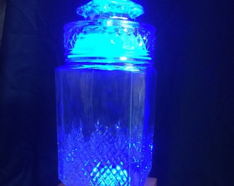 Large Glass Cookie Jar/Nut Jar Lamp Color changing LED up-cycled Man-cave great gift for Him or Her, Natural Stained Wood Base Very Classy
