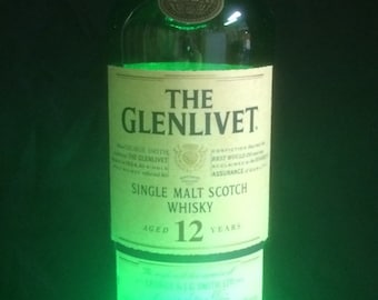 Green Glass Single Malt Scotch  Whiskey Bottle Lamp GREEN LED up-cycled gift for Him or Her, Natural Stained Antique Walnut, Classy!