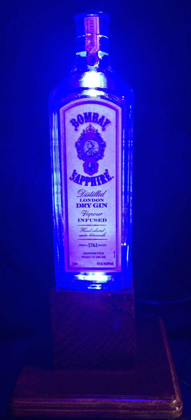 Blue Glass Gin Bottle Lamp BLUE LED upcycled gift for Him or Etsy