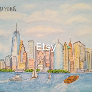 Manhattan Island, New York City, original watercolor and ink, 9.5 x 7.5 in